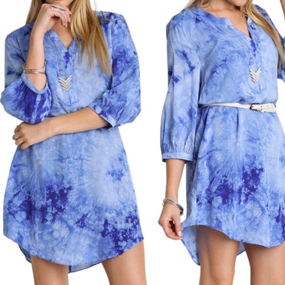 Boho Tie Dye Tunic Shirt Dress Blue White New